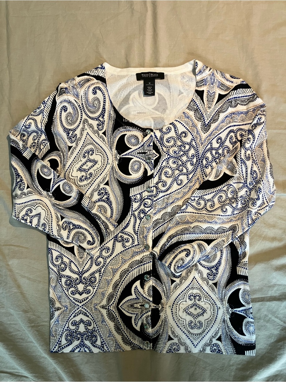 White House Black Market White, Navy & Black Paisley Cardigan